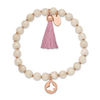 Stainless Steel Polished Rose IP Butterfly Pink Agate Beaded Stretch Bracel ,