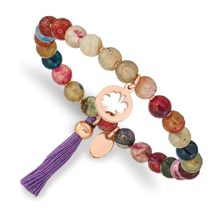 Stainless Steel Polished Rose IP Clover Multi Color Agate Stretch Bracelet ,