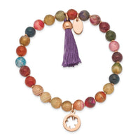 Stainless Steel Polished Rose IP Clover Multi Color Agate Stretch Bracelet ,