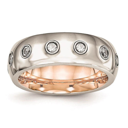 Stainless Steel Polished Rose IP CZ Half Round Ring ,