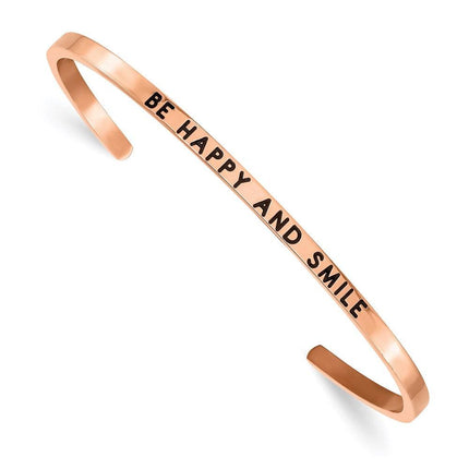 Stainless Steel Polished Rose IP Enamel/Crystal BE HAPPY 3mm Cuff Bangle ,