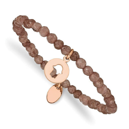 Stainless Steel Polished Rose IP Hamsa Brown Jade Stretch Bracelet ,
