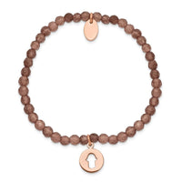 Stainless Steel Polished Rose IP Hamsa Brown Jade Stretch Bracelet ,