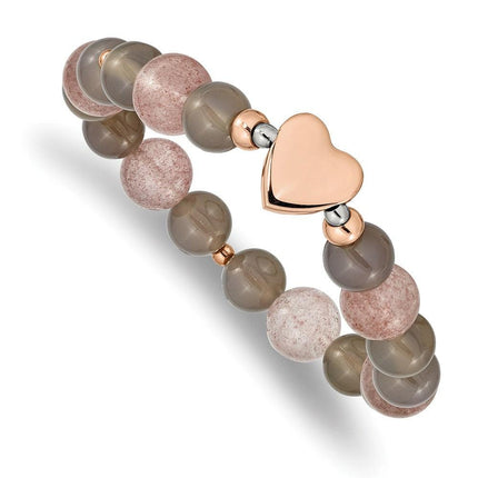 Stainless Steel Polished Rose IP Heart Grey Agate/Strawberry Quartz Stretch ,