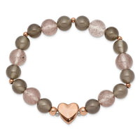 Stainless Steel Polished Rose IP Heart Grey Agate/Strawberry Quartz Stretch ,