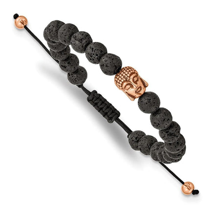 Stainless Steel Polished Rose IP Lava Stone Buddha Adjustable Bracelet ,