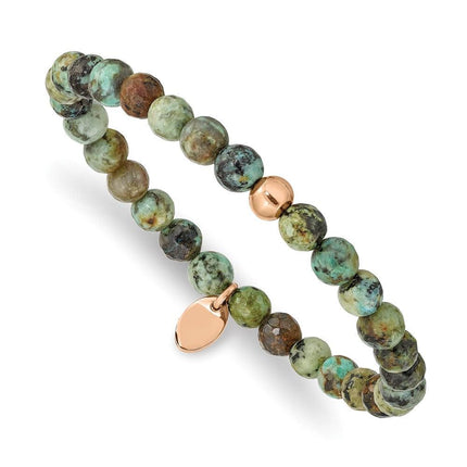 Stainless Steel Polished Rose IP-plated African Turquoise Stretch Bracelet ,