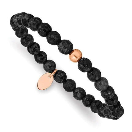 Stainless Steel Polished Rose IP-plated Black Onyx Stretch Bracelet ,