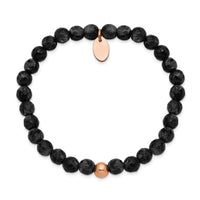 Stainless Steel Polished Rose IP-plated Black Onyx Stretch Bracelet ,