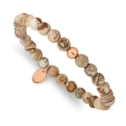 Stainless Steel Polished Rose IP-plated Brown Jasper Stretch Bracelet ,