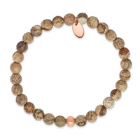 Stainless Steel Polished Rose IP-plated Brown Jasper Stretch Bracelet ,