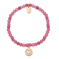 Stainless Steel Polished Rose IP-plated Heart Pink Jade Stretch Bracelet ,