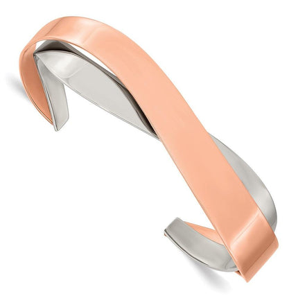Stainless Steel Polished Rose IP-plated Layered and Twisted Cuff Bangle ,