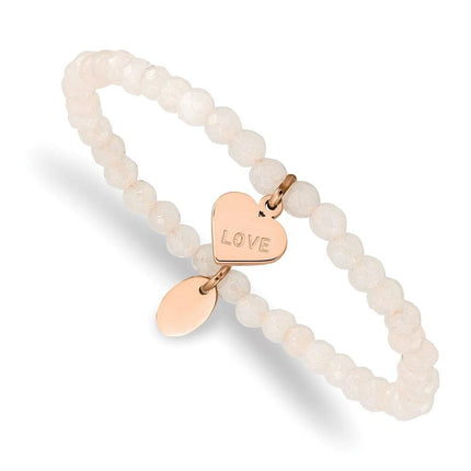 Stainless Steel Polished Rose IP-plated LOVE Heart Jade Stretch Bracelet ,