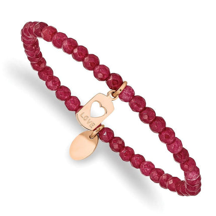 Stainless Steel Polished Rose IP-plated LOVE Red Jade Stretch Bracelet ,