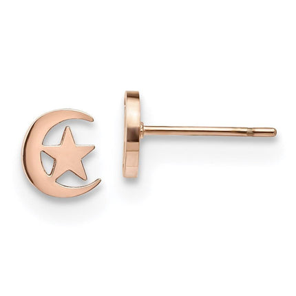Stainless Steel Polished Rose IP-plated Moon and Star Post Earrings ,