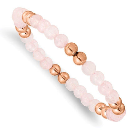 Stainless Steel Polished Rose IP-plated Pink Quartz Beaded Stretch Bracelet ,