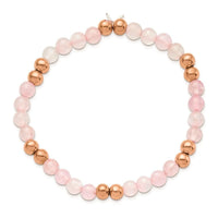 Stainless Steel Polished Rose IP-plated Pink Quartz Beaded Stretch Bracelet ,