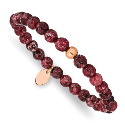 Stainless Steel Polished Rose IP-plated Red Jade Stretch Bracelet ,