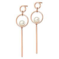 Stainless Steel Polished Rose IP-plated Simulated Pearl Post Dangle Earring ,