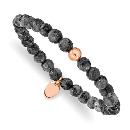 Stainless Steel Polished Rose IP-plated Spectrolite Beaded Stretch Bracelet ,