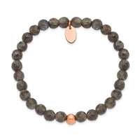 Stainless Steel Polished Rose IP-plated Spectrolite Beaded Stretch Bracelet ,