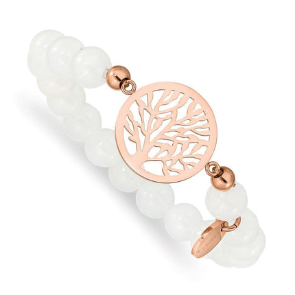 Stainless Steel Polished Rose IP-plated Tree White Jade Stretch Bracelet ,