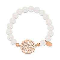 Stainless Steel Polished Rose IP-plated Tree White Jade Stretch Bracelet ,