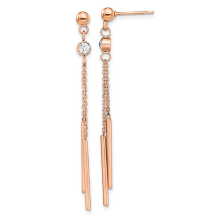 Stainless Steel Polished Rose IP-plated w/Crystal Bar Post Dangle Earrings ,