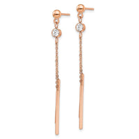 Stainless Steel Polished Rose IP-plated w/Crystal Bar Post Dangle Earrings ,