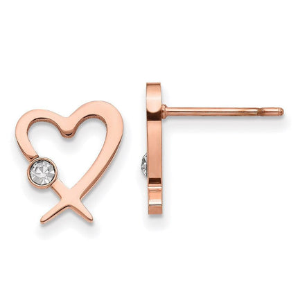 Stainless Steel Polished Rose IP-plated w/Crystal Heart Post Earrings ,