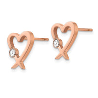 Stainless Steel Polished Rose IP-plated w/Crystal Heart Post Earrings ,