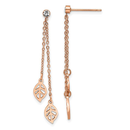 Stainless Steel Polished Rose IP-plated with CZ Leaf Post Dangle Earrings ,