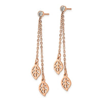Stainless Steel Polished Rose IP-plated with CZ Leaf Post Dangle Earrings ,
