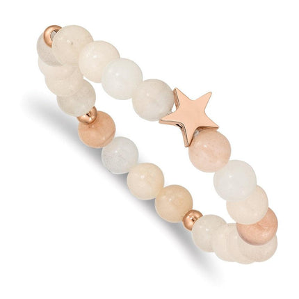 Stainless Steel Polished Rose IP Star White/Pink Aventurine Stretch Bracele ,