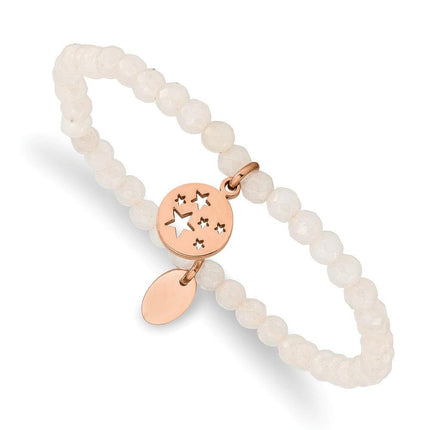 Stainless Steel Polished Rose IP Stars White Jade Beaded Stretch Bracelet ,