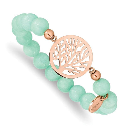 Stainless Steel Polished Rose IP Tree Green Dyed Jade Stretch Bracelet ,
