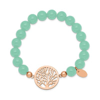 Stainless Steel Polished Rose IP Tree Green Dyed Jade Stretch Bracelet ,