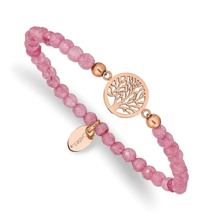 Stainless Steel Polished Rose IP Tree of Life Red Jade Stretch Bracelet ,
