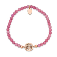 Stainless Steel Polished Rose IP Tree of Life Red Jade Stretch Bracelet ,