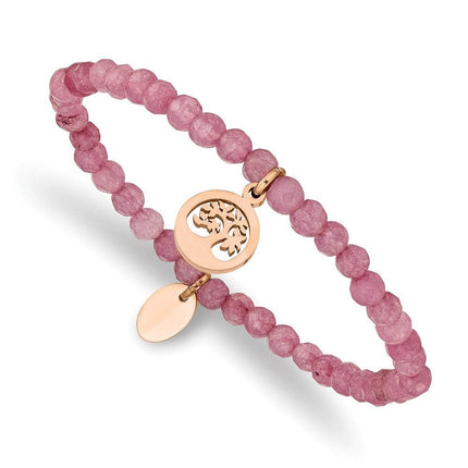 Stainless Steel Polished Rose IP Tree Pink Jade Beaded Stretch Bracelet ,