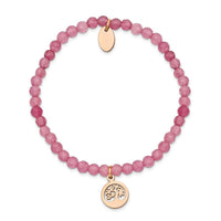 Stainless Steel Polished Rose IP Tree Pink Jade Beaded Stretch Bracelet ,