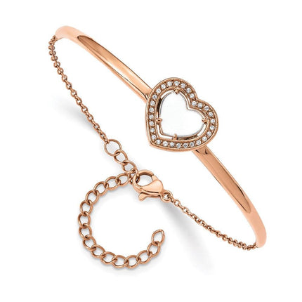 Stainless Steel Polished Rose IP White Enamel CZ Heart w/2in ext. Bracelet ,