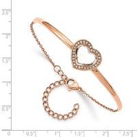 Stainless Steel Polished Rose IP White Enamel CZ Heart w/2in ext. Bracelet ,