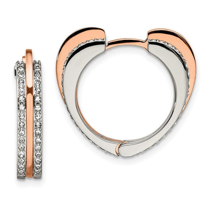 Stainless Steel Polished Rose IP with Swarovski Heart Hinged Hoop Earrings ,