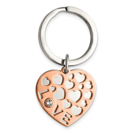 Stainless Steel Polished Rose IP w/Swarovski LOVE Hearts 2 Piece Key Ring ,