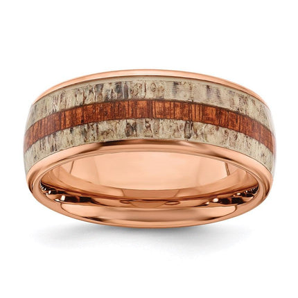 Stainless Steel Polished Rose IP w/Wood and Antler Inlay 8mm Band ,