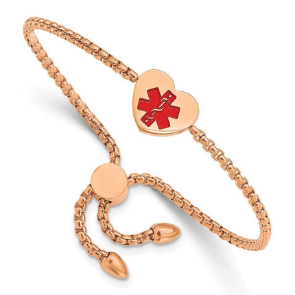 Stainless Steel Polished Rose IP/Red Enamel Heart Medical ID Adj. Bracelet ,