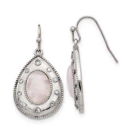 Stainless Steel Polished Rose Quartz and CZ Shepherd Hook Earrings ,