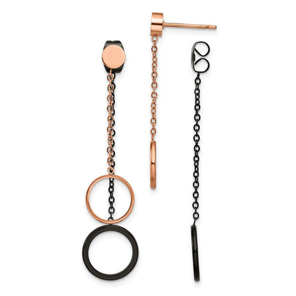 Stainless Steel Polished Rose/Black IP Front & Back Post Dangle Earrings ,